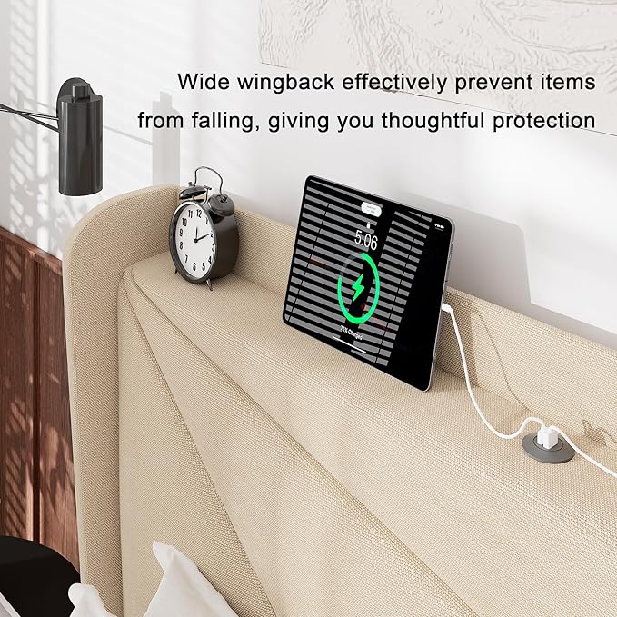 Feonase Full Size Bed Frame with Charging Station, Upholstered Linen Bedframe with Wingback Headboard, Solid Wood Slats Support, Noise Free, No Box Spring Needed, Beige