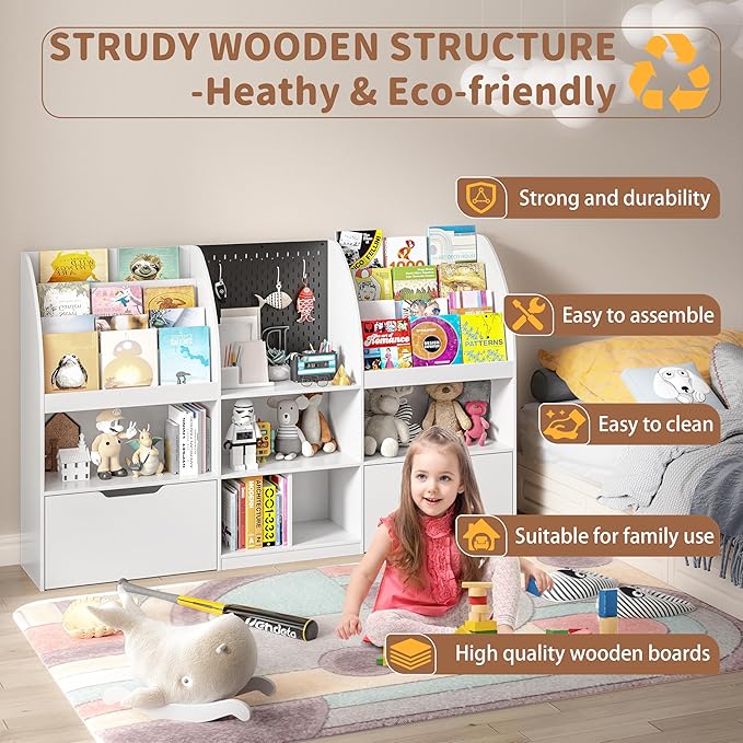 Toy Storage Organizer, Kids Book Shelf and Toy Organizer, 67" Toy Organizers and Storage with Movable Drawers, Playroom Organization and Kids Reading Nook with 5 Storage Cubbies, White