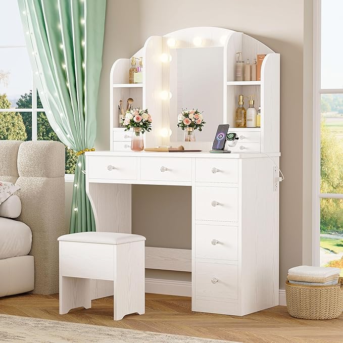 IRONCK Vanity Desk with Mirror and Lights, Makeup Vanity Table with 10 Drawers, Jewelry Organizer, Power Outlet, Storage Stool, and 3 Lighting Colors, White Vanity for Women Girls Bedroom