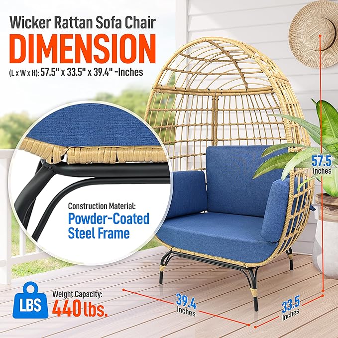 Jovial Wicker Rattan Egg Chair,Indoor Outdoor Blue Sofa Chair for Patio Backyard and Living Room with 4 Cushions and Powder Coated Steel Frame,Woven Texture Contemporary Ribbed Back Design