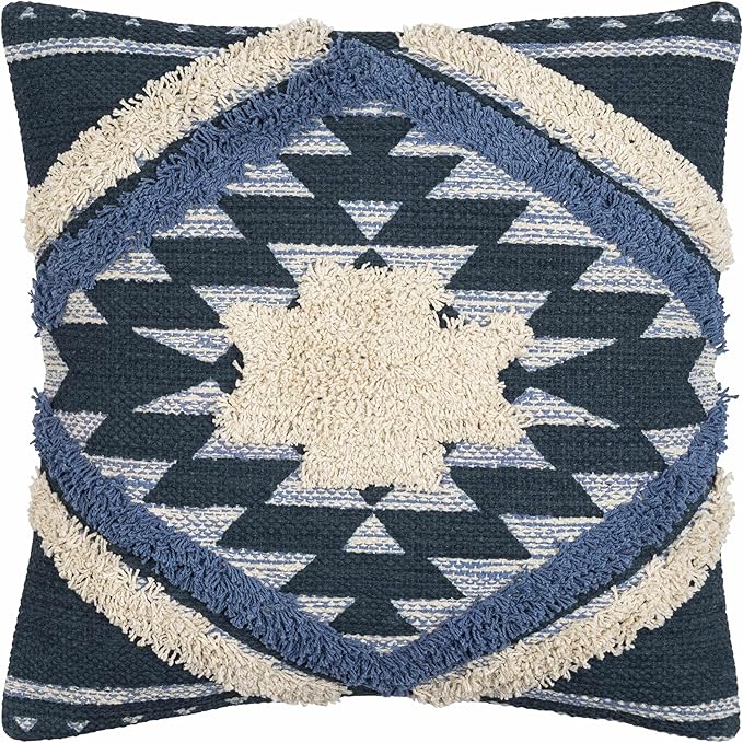 Hauteloom Shepardsville Decorative Throw Pillow Cover - Sofa Couch Cushion Cover - Boho Farmhouse Lumbar Pillow Cover -%100 Cotton - Dark Blue, Off White - Square 20" x 20"