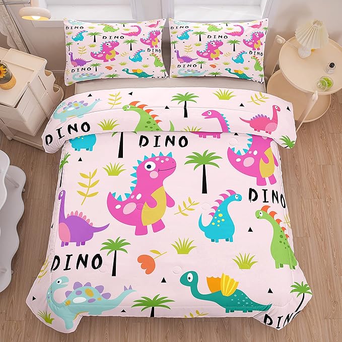 Tailor Shop Pink Dinosaur Comforter Set for Kids,Girls Bedding Sets Twin Size,Cartoon Dinosaur Bedding,Colorful Dino Bed Set，with 1 Comforter 1 Pillowcase……