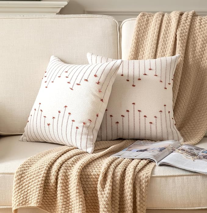 Caflife Boho Throw Pillow Covers 18x18 Set of 2 Decorative Pillows for Bed, Neutral Pillow Covers Beige with Rust Line Throw Pillows for Modern Farmhouse Couch Sofa Living Room Outdoor
