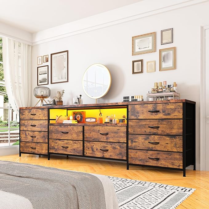 Fits 65,70 inch TV Stand Dresser 63" W TV Console for Bedroom with LED Lights & Power Outlets 12 Long Fabric Dressers for Bedroom, Hallway or Closets Entertainment Center