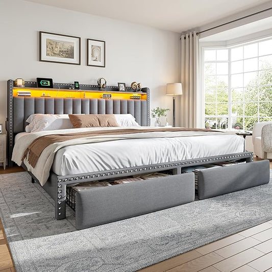 EnHomee King Size Bed Frame with 2 Storage Drawers, Upholstered Platform Bed with LED Lights and Charging Station, Sturdy Wooden Slats Support, No Box Spring Needed, Noise Free, Grey