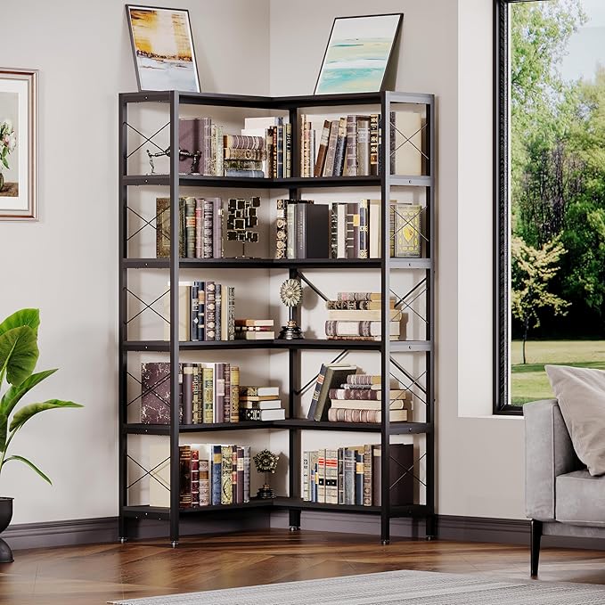 Corner Bookshelves and Bookcases Industrial Corner Etagere Bookcase L Shaped Shelf 6 Tiers with Metal Frame for Living Room Home Office