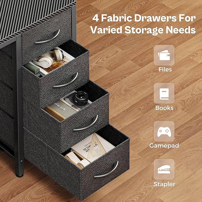 Huuger 47 inch Computer Desk with 4 Drawers, Gaming Desk with LED Lights & Power Outlets, Home Office Desk with Large Storage Space for Bedroom, Work from Home, Carbon Fibre Black