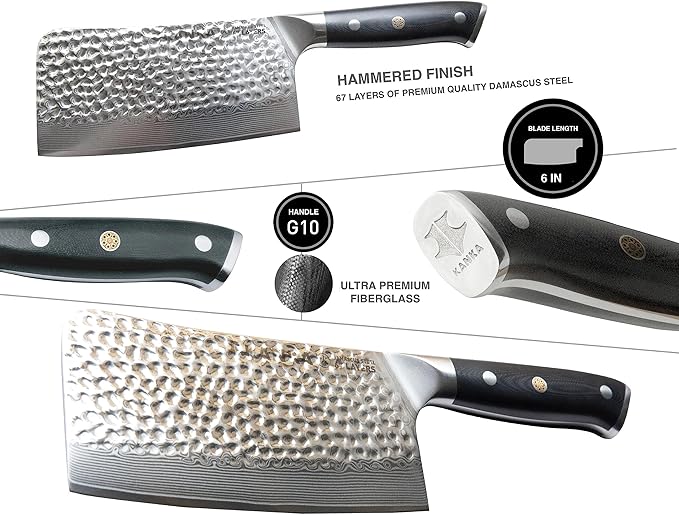 KANKA Grill 7" Damascus Steel Meat Cleaver Knife - Heavy Duty Butcher, Chopper, Razor Sharp, 67 Layers, G10 Black Fiberglass Handle, High Carbon Blade for Meat, Vegetables & Bone Cutting