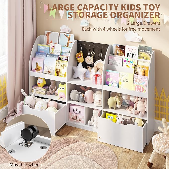 Toy Storage Organizer, Kids Book Shelf and Toy Organizer, 67" Toy Organizers and Storage with Movable Drawers, Playroom Organization and Kids Reading Nook with 5 Storage Cubbies, White
