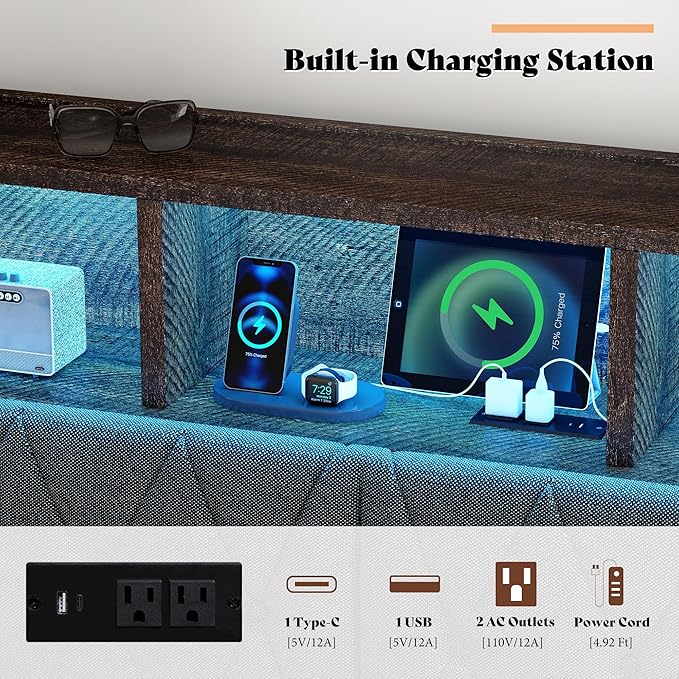 AMERLIFE Queen Size Bed Frame with Bookcase Headboard, 4 Storage Drawers, Wooden Platform Bed with Charging Station & LED Light, No Box Spring Needed, Noise-Free, Rustic Brown