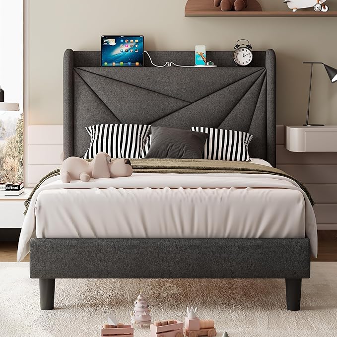 iPormis Twin Size Bed Frame with Charging Station, Linen Platform Bed Frame with Wingback Upholstered Headboard, Solid Wood Slats Support, No Box Spring Needed, Easy Assembly, Dark Grey