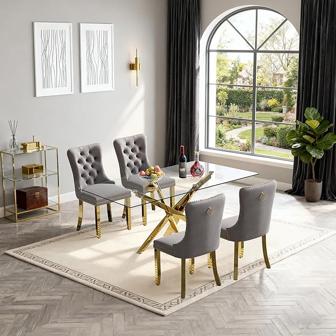 Goujxcy 51" Glass Dining Table Set for 4, Modern Kitchen Table and Chairs Set w/Steel Legs, 5-Piece Dining Table Set w/Glass Gold Dining Table and 4 Grey Velvet Chairs for Kitchen Dining Room