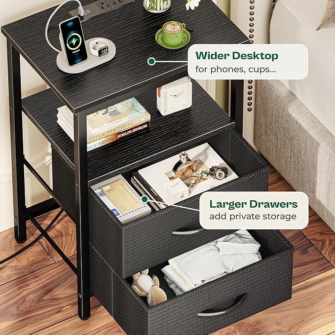 Huuger Night Stand with Charger Station and LED Lights, 2 Drawer Nightstand, Bed Side Table with Open Shelf, End Table, Fabric Dresser for Bedroom, Black