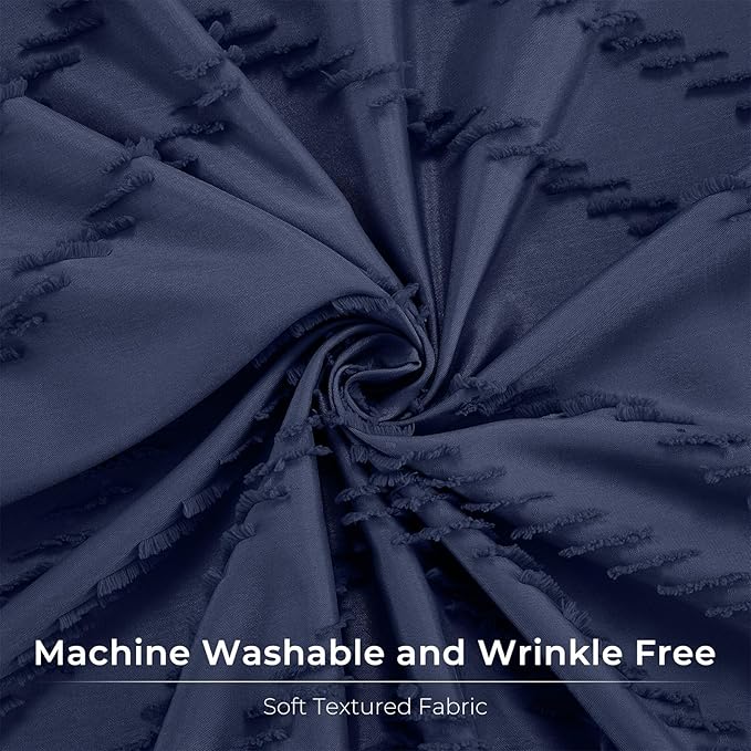 84 Inches Long Boho Tufted Chevron Striped Fabric Shower Curtain Navy Blue 72x84 Tall Minimalist Waterproof Cloth Shower Curtain, Wrinkle Free