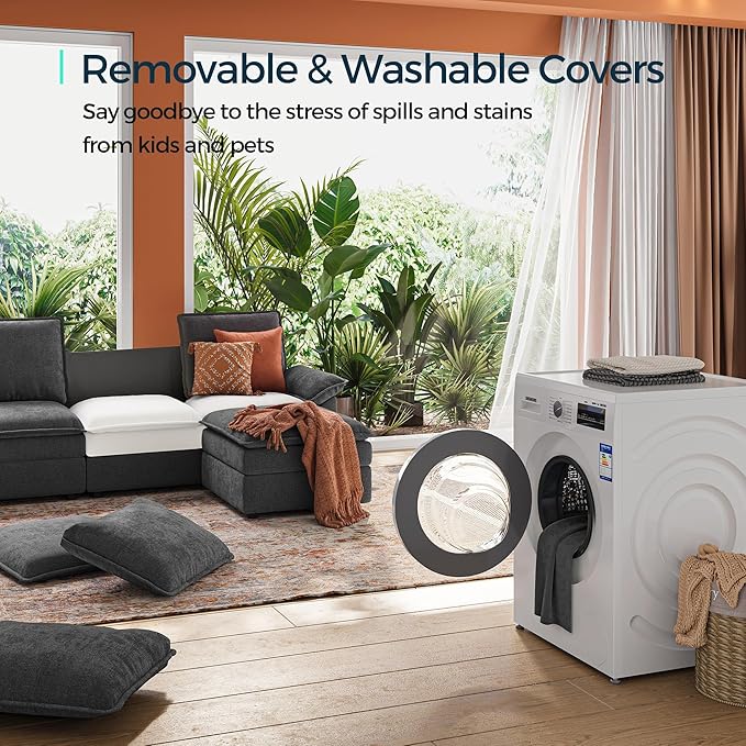 LINSY HOME Modular Cloud Couch, 113" L Shaped Sectional Sofa with Double Layer Cushions and Ottoman, Chenille 4 Seater Sofa Set for Living Room, Apartment, Grey