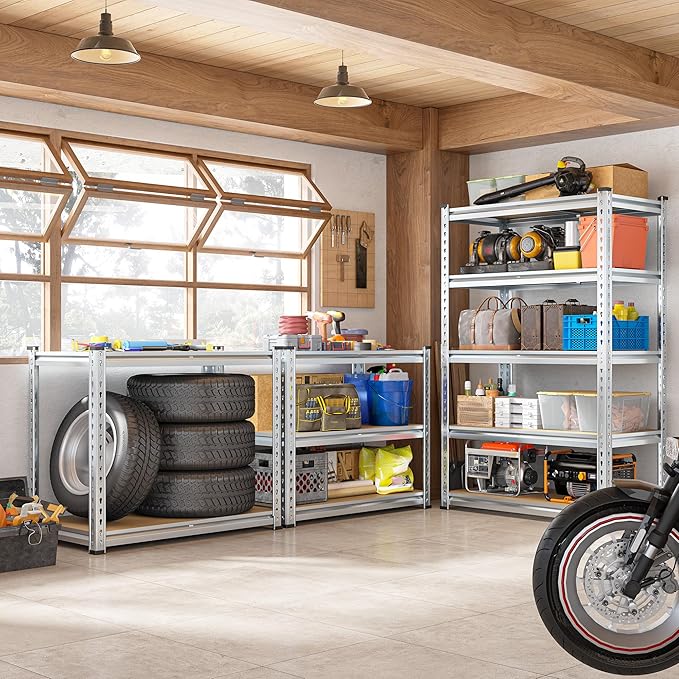 REIBII Garage Shelving, 5 Tier Storage Shelves Load 2020LBS, Adjustable Garage Shelving Heavy Duty, Metal Shelves Unit with Waterproof Columns, 35.5" W x 11.9" D x 72" H, Galvanized, 2 Pack