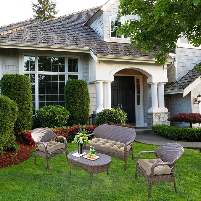 ADLIVWYD 3-Pieces Wicker Chair Cushion Set, 1 loveseat and 2 U-Shape, 44"x19" &19"x19" Tufted Outdoor Cushions for Indoor/Outdoor Patio Furniture (Khaki)