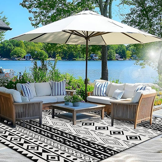 Wallona Outdoor Rugs 9x12 ft Patio Waterproof Clearance Indoor Outdoor Large Carpet for Patio Plastic Straw Reversible Area Rugs Mat for RV, Camping, Balcony, Beach, Picnic, Porch, Boho Black & White