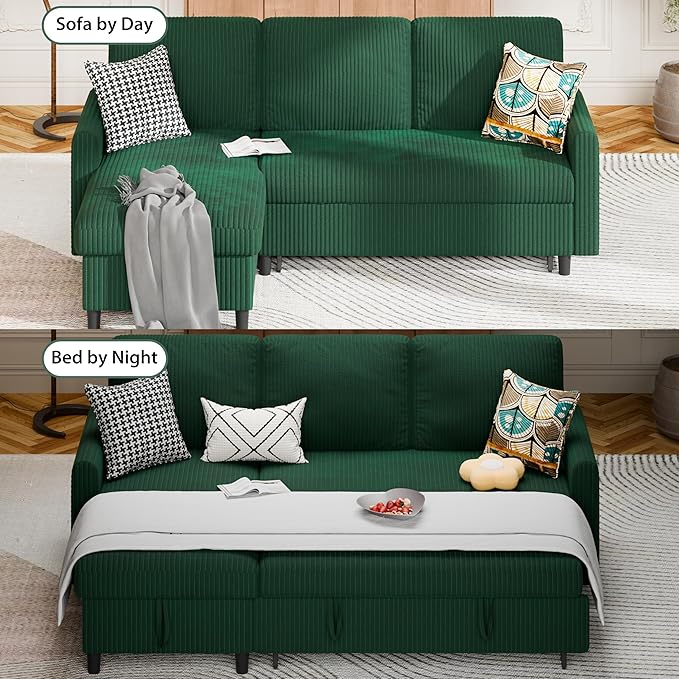 Sofa Bed Sleeper Pull Out 2 in 1 Sectional Sleeper Sofa Couches with Storage, Pullout Sectional Couches for Apartment Living Room,Green