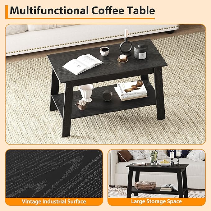 Coffee Table for Living Room, 2 Tier Coffee Table with Storage, Small Rectangular Center Tables with Shelf, Space Saving, Easy Assembly, Black