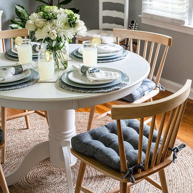 Barnett Home Decor Brisbane Colonial Blue Chair Pads with Ties - 15 x 17 Size Small Chair Pad - Latex Foam Fill, Reversible - Made in USA (Federal Blue/Small)