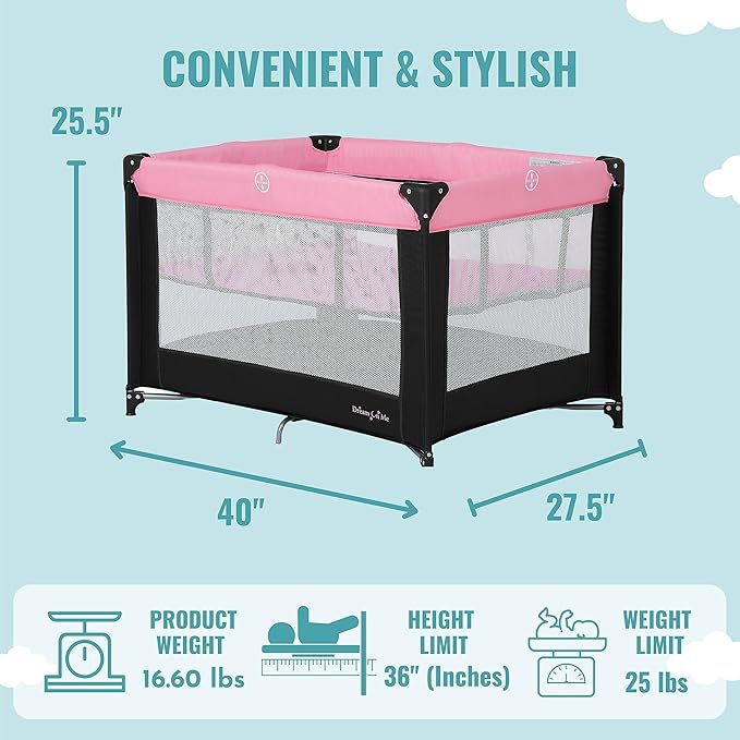Dream On Me Zazzy Portable Playard with Bassinet in Pink, Packable and Easy Setup Baby Playard, Lightweight and Portable Playard for Baby with Mattress and Travel Bag