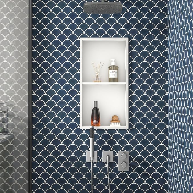 Stainless Steel Shower Niche 24" X 12" Matte White No Tile Needed Vertical Niche Shower with Two- Tier Shelves Recessed Wall Niches for Bathroom Storage Over Mount Installation