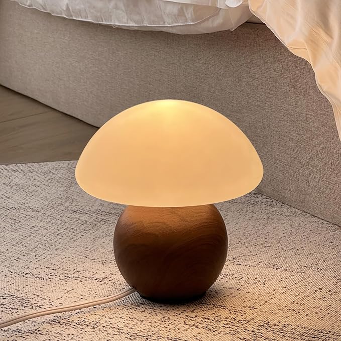 Mushroom Lamp Ceramic Base,WoodColour Cute 70s Mid Century Modern Decor Lamp for Bedroom,Small Abstract Table Bedside Glass Mood Coze Fun Warm Light
