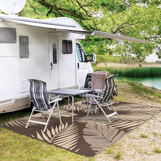 GENIMO Outdoor Rug 4' x 6' Waterproof for Patios Clearance, Reversible Outdoor Plastic Straw Camping Rug Carpet, Large Area Rugs Mats for RV, Camper, Deck, Balcony, Porch, Beach, Coffee&Beige