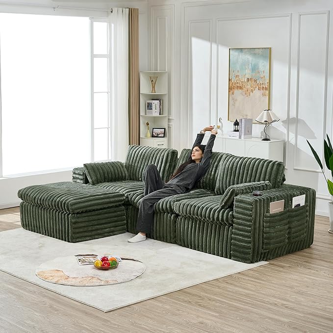 KEIKI 113'' Oversized Ribbed Chenille Modular Sectional with Ottoman, Deep-Seat Cloud Sofa with Cup Holder & Storage Pouch, Indoor Chaise Lounge Boneless Chair for Office, Studio & Creative Workspaces