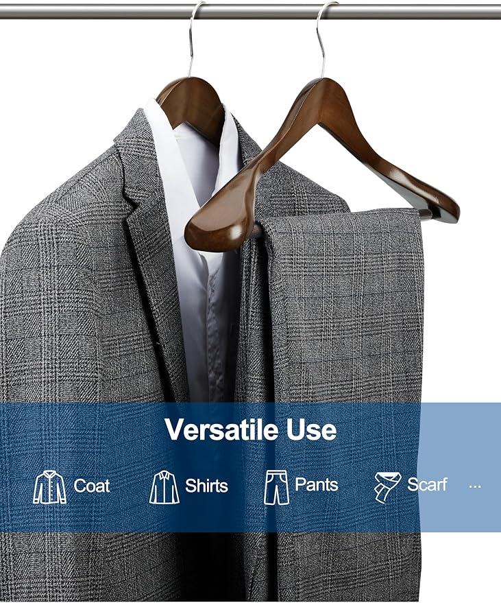 HOUSE DAY Wide Shoulder Wooden Hangers, Suit Hangers with Non Slip Pants Bar, Smooth Finish 360° Swivel Hook Solid Wood Coat Hangers for Dress, Jacket, Pants, Heavy Clothes Hangers 6 Pack (Walnut)