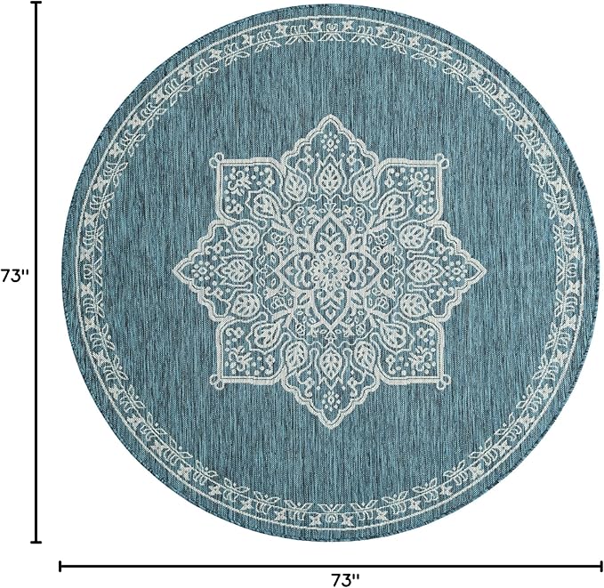 Unique Loom Outdoor Traditional Collection Area Rug - Antique (6' 1" Round Teal/Ivory)