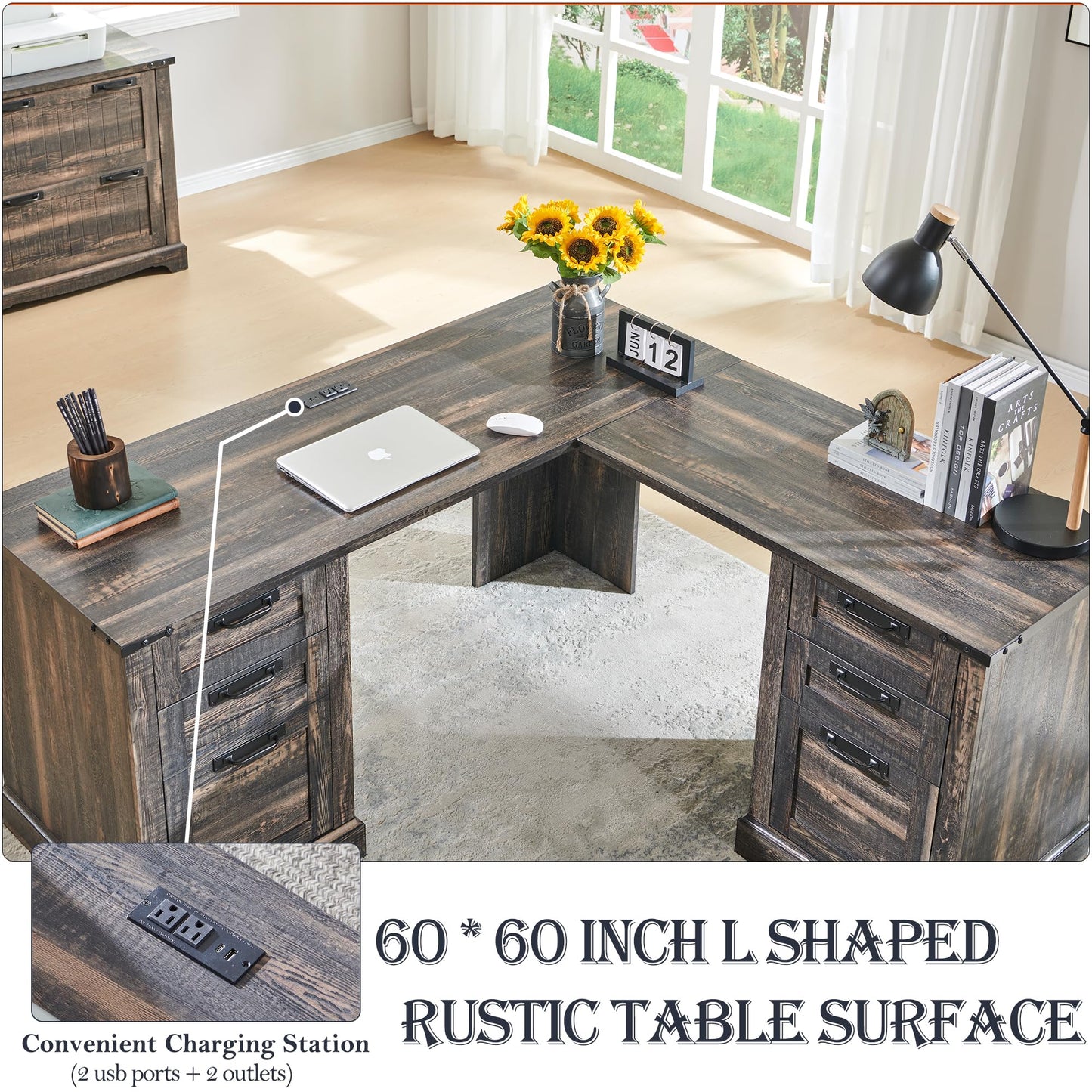 RedLemon 60" Farmhouse L Shaped Executive Desk with Drawers, Wood Home Office Corner Desk with Charging Station, File Drawer, Storage Cabinet, Rustic Computer Writing Desk (Dark Rustic Oak)