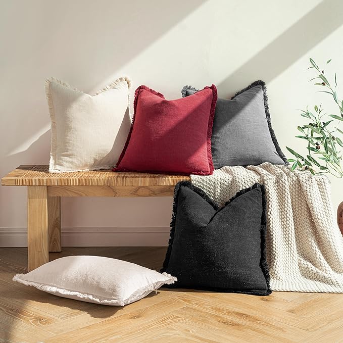 MIULEE Decorative Throw Pillow Covers Neutral Linen Fringe Throw Pillows Euro Shams Set of 2 Burgundy Boho Farmhouse Cushion Covers for Couch Sofa Bed Living Room Spring Home Decor 24x24 Inch