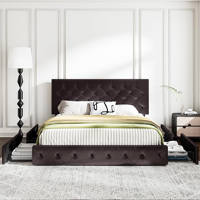MUTICOR King Size Bed Frame with 4 Storage Drawers, Upholstered Platform Bed with Button Tufted Adjustable Headboard, No Box Spring Needed, Easy Assembly, Diamond Tufted, Brown Leather