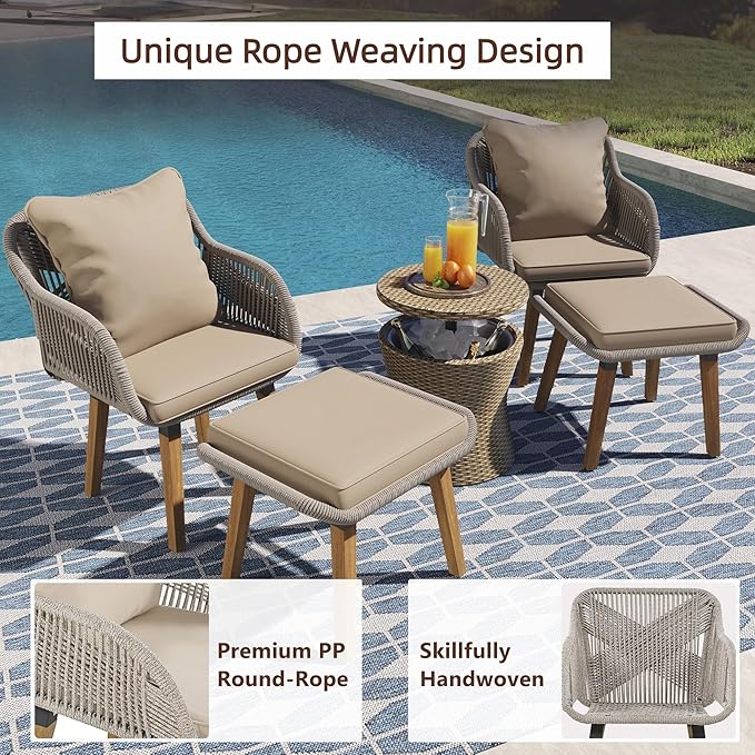 5-Piece Patio Conversation Sofa Set, Rope-Woven Furniture Set with Rattan Cool Coffee Table, Outdoor Furniture Setwith 2 Footstools for Garden, Backyard, Balcony, Brown