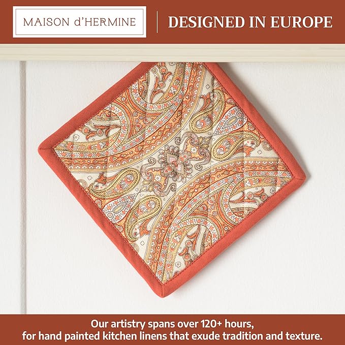 Maison d' Hermine Pot Holders 100% Cotton Heat Resistant Potholders 8" x 8" Hot Pads with Loop for Thanksgiving Christmas Decorations BBQ Cooking Baking Handling Hot Pans (Pack of 1, Kashmir Paisley)