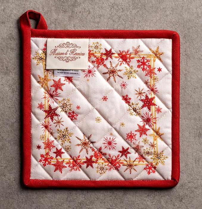 Maison d' Hermine Pot Holders Set 100% Cotton Heat Resistant Potholders 8" x 8" Hot Pads with Loop for Thanksgiving Christmas Decorations BBQ Cooking Baking Handling Hot Pans (Pack of 2, Crystal Star)