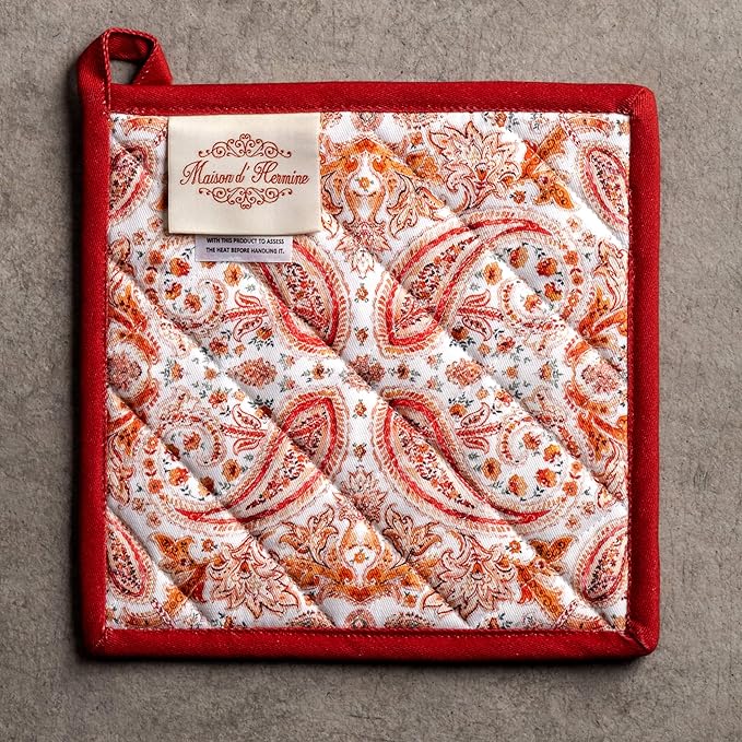 Maison d' Hermine 100% Cotton Oven Mitt & Pot Holder Set (7.5"x13" & 8"x8") Heat Resistant BBQ Cooking Gloves with Loop for Thanksgiving Christmas Decorations Handling Hot Pans (Orient)