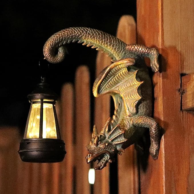 Solar Dragon Tree Hugger Statue Wall Decor - Gothic Garden Statue with Solar Lantern, Outdoor&Yard Decor, Fantasy Dragon Figurine for Trees, Walls, or Fences - Unique Gift for Adults, Men & Women