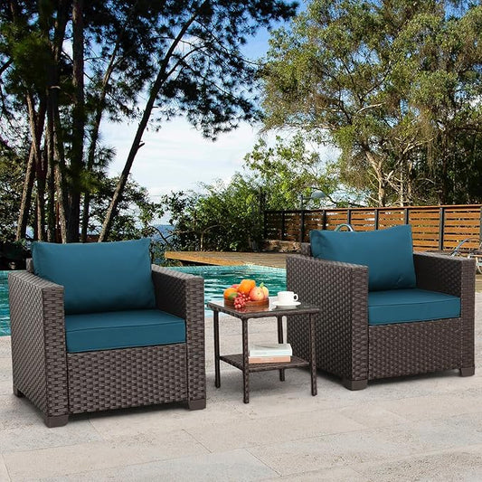 Rattaner Patio Single Sofa Chairs Set of 2 with Glass End Table Outdoor Sofa Accent Chair Club Chair and Side Table with Anti-Slip Cushions and Waterproof Cover, Peacock Blue