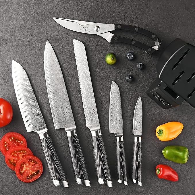 NANFANG BROTHERS Knife Set, 7-Piece Damascus Kitchen Knife Set with Block, ABS Ergonomic Handle for Chef Knife Set, Kitchen Shears, Knife Block Set