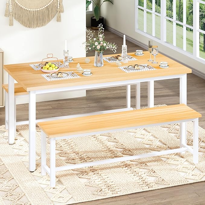 Lamerge Kitchen Table Set with 2 Benches 4 Person Dining Room Table Set for Home Kitchen, Dining Room, Restaurant, Space Saving, Beige, 43.3''L x23.6''W x28.5''H (43S)