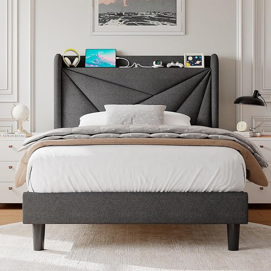 Twin Size Upholstered Bed Frame with Charging Station, Platform Bed Frame with Storage Headboard, Solid Wood Slats Support, No Box Spring Needed, Dark Gray