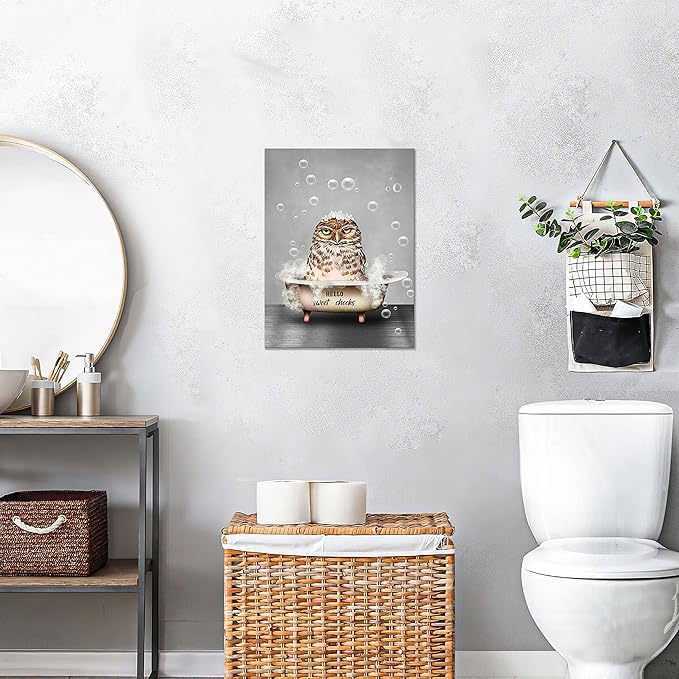 Funny Owl Bathroom Wall Art Farmhouse Animal Owl In Bathtub Pictures Wall Decor Bubble Bath Bathroom Pictures For Wall Canvas Prints Painting Artwork Home Decorations For Bathroom Framed 12"x16"
