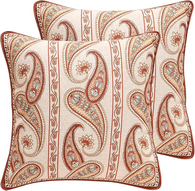 Design Linen Classic Vintage Throw Pillow Covers 18"x18" Pack of 2, Square Cushion Covers with Orange Yellow Paisley Style Pattern Decoration Pillowcases for Bed,Living Room,Outdoor,Car