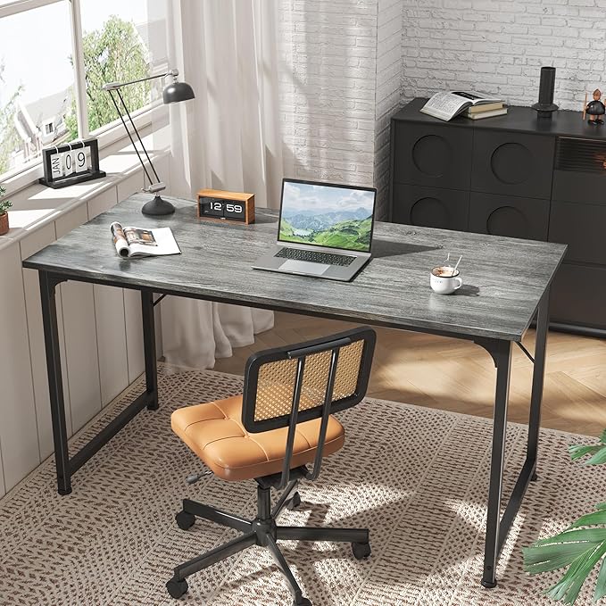 Huuger Computer Desk, 55 Inch Home Office Desk, Gaming Writing Work from Home Study Desk, Large Legroom, Sturdy Metal Frame, Modern Simple, Grey