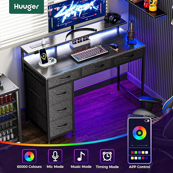 Huuger Gaming Desk with 6 Drawers, Computer Desk with LED Lights Power Outlets and Type-C, 39 Inch Office Desk with Storage, Monitor Stand, Writing Desk Work Desk for Home Office, Bedroom, Study, Grey