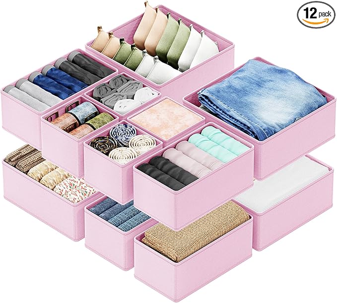 SpaceAid Drawer Organizer Clothes, 12 Pack Dresser Organizer Bins for Nursery, Closet Organization and Storage Dividers for Clothing, Baby Clothes, Underwears, Socks (Pink)