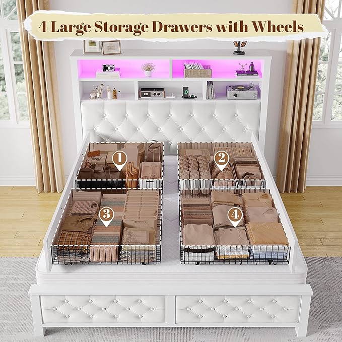 EnHomee Full Size Bed Frame with 4 Storage Drawers and Headboard Upholstered,Wooden Full Bed Frame with Charging Station and LED Light,NO Noise,No Box Spring Needed,Beige